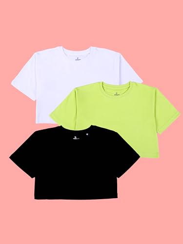 Image of KiddoPanti Girls 100% Cotton Solid Drop Shoulder Half Sleeve Round Neck Crop Tee