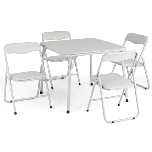 GarveeMore Juego de Mesa y Sillas Plegables para 4 Personas, con Asiento Acolchado, Marco de Acero Resistente, Diseño Ahorra Espacio, para Cocina y Comedor, Beige