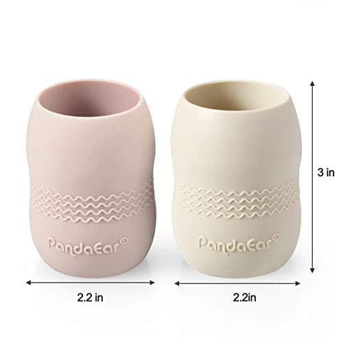 PandaEar Silicone Baby Feeding Set| 2 Pack Silicone Divided Suction Plate and 2 Pack Tiny Cup with 2 Spoons 2 Forks| Baby Led Weaning Supplies Self Feeding Eating Utensils (Light Tan/Pink)