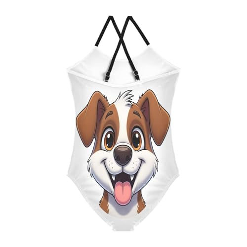 Girls Swimming Suits Beach Swim Suits Kids 3-10 Y with Adjustable Shoulder Strap, Happy Cartoon Dog Brown White2