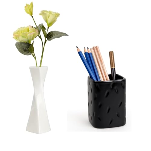 Bud Vase, White Small Ceramic Vase for Modern Home Decor + ZEBERBO Ceramic Pen Holder for Desk, Makeup Brush Holder