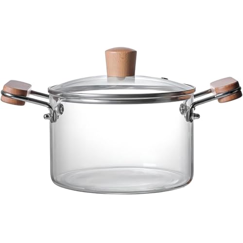 KRODEAIR Olla de Vidrio de 3 l para cocinar a Fuego Lento, Olla de Vidrio Transparente, Olla para Caldo, Olla para cocinar de Vidrio Resistente al Calor, Cacerola de Vidrio con Tapa y Mango de Madera
