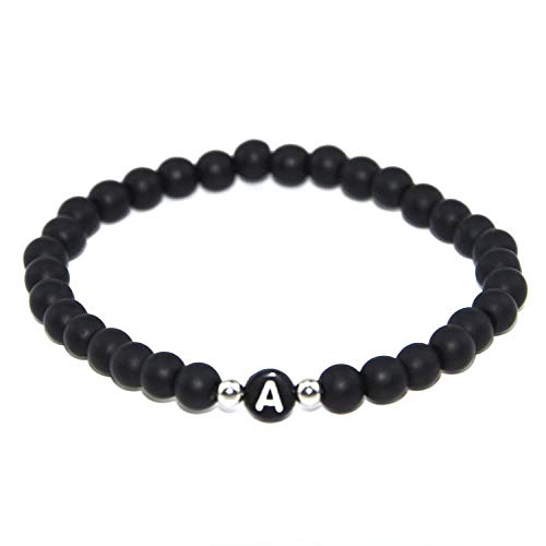 Bracelet en pierre naturelle noire 6mm et lettre personnalisée