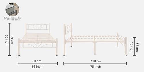 Image of Zyra Metal Extra Single Size Bed Without Storage | Wrought Iron Single Bed with Headboard & Footboard| Sturdy Powder Coated Platform Cot for Bedroom (Zyra Ivory)
