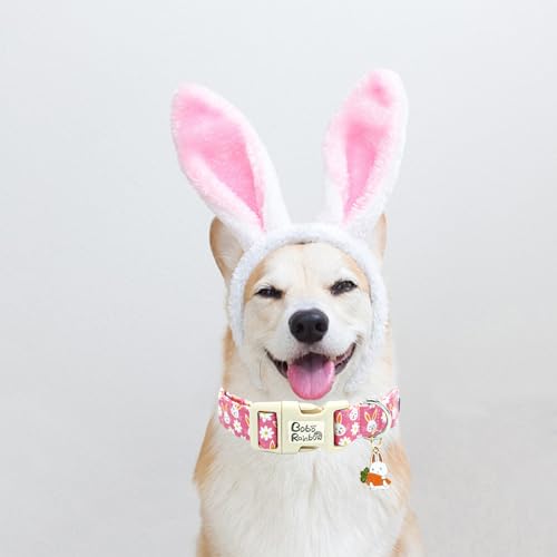 Image of Easter Dog Collar-Cute Rabbit Adjustable Pet Collar Soft Pink Holiday Puppy Collar Comfortable Cotton Necklace Gift for Small Dogs