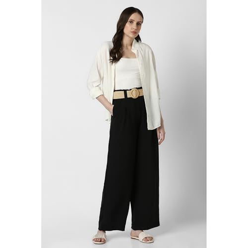 Image of Van Heusen Women's Regular Fit Mid Rise Belted Casual Wide Leg Pants