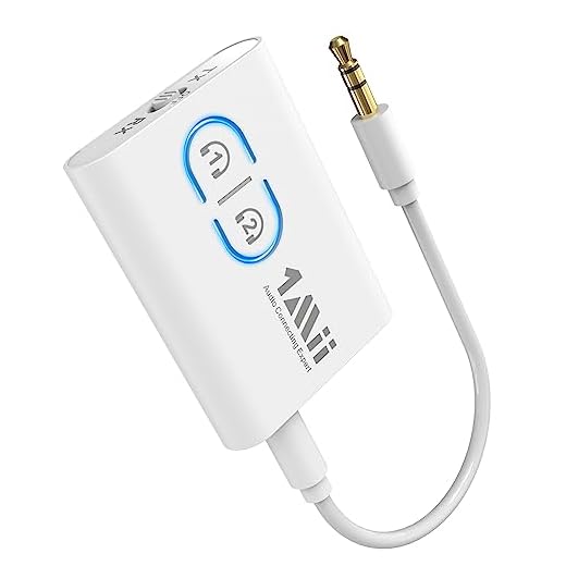 1Mii Transmisor Bluetooth 5.3 TV, Receptor Adaptador Bluetooth Audio Jack 3.5mm Aux aptX Adaptive/Baja Latencia/HD, Dual Link, Música HiFi para PC/Estéreo/Coche/Auriculares/Altavoces/Avión