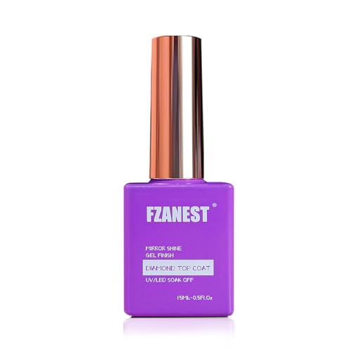 FZANEST Gel Top Coat Diamond- 15ml No Wipe Top Coat Gel Nail Polish High Gloss Mirror Shine Soak Off UV LED Clear Finish Chrome Top Long Lasting