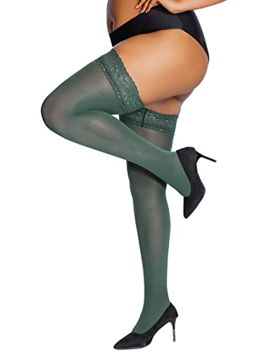 Image of HONENNA Plus Size Thigh High Stockings, Semi Sheer Stay Up Lingerie Lace Top Pantyhose for Curvy Women