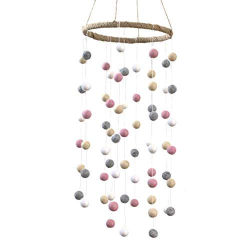 Felt Ball Pom Pom Nursery Ceiling Mobile- LARGE SIZE- Blush Pink, Almond, Gray & White- Neutral Children's Room Ceiling Decor- Nursery Boy Girl Baby Shower Gift- Handmade - 100% Wool Felt
