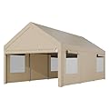 Shintenchi 10x18.5ft Heavy Duty Carport, Portable Garage with Removable Sidewalls, Doors and Ventilated Windows, All-Season Tarp, UV Resistant Waterproof Carport Canopy (Khaki)