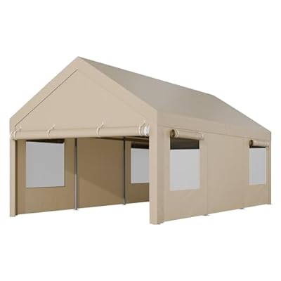 Shintenchi 10x18.5ft Heavy Duty Carport, Portable Garage with Removable Sidewalls, Doors and Ventilated Windows, All-Season Tarp, UV Resistant Waterproof Carport Canopy (Khaki)