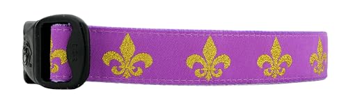 3 Dirty Dawgz Adjustable 1' Mardi Gras New Orleans NOLA Fleur De Lis Dog Collars for Medium Large and X-Large Dogs (X-Large 20'-34' Neck, Purple and Gold)