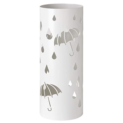 Baroni Home Portaombrelli Cilindrico in Metallo con Intagli a Forma di Pioggia e Ombrelli 18,5x18,5x49 cm con Gancino e Vaschetta Scolapioggia Rimovibile, Bianco