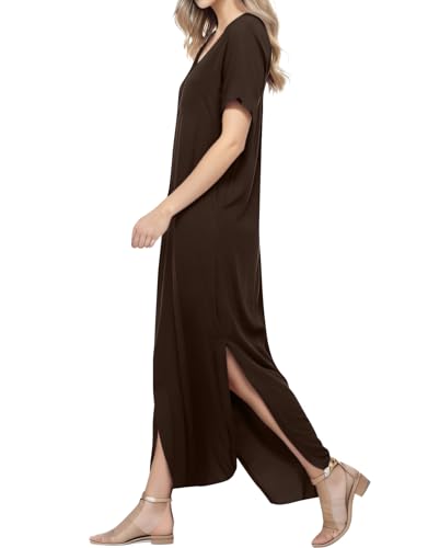 Image of Match Women's V-Neck Casual Loose Short Sleeve Long T-Shirt Dress Split Maxi Dress with Side Pocket