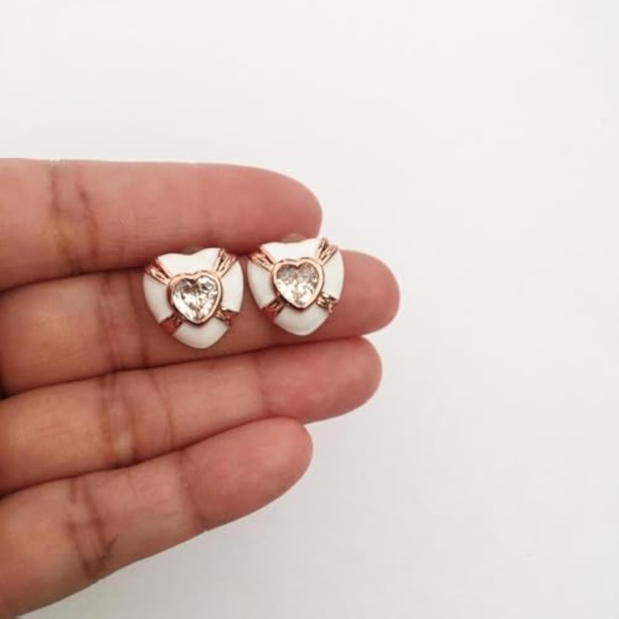 Rose Gold Heart Shape Stud Earrings with White Enamel, Elegant Design