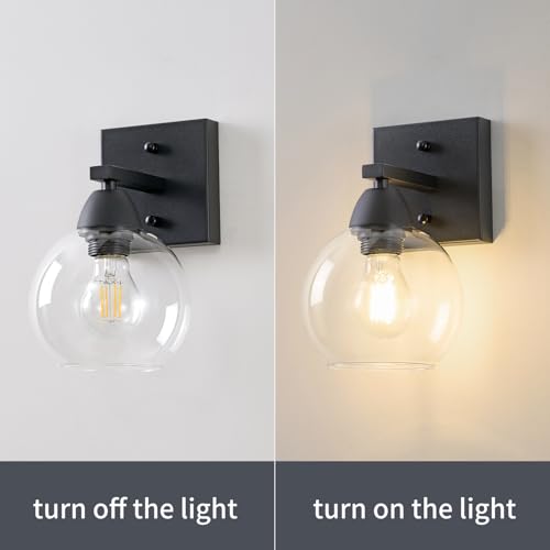 Image of Bathroom Light Fixtures, 1-Light Matte Black Vanity Light with Hand-Blown Globe Glass Shade, High Clarity & Durable, Wall Sconce for Mirror, Kitchen, Bedroom, Hallway-2P