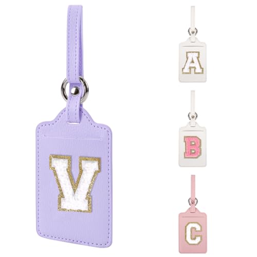 Personalized Initial Luggage Tags for Suitcases, Leather Chenille Letter Cute Luggage Tags with Privacy Name Card, Embroidered Travel Bag Backpack Tag Gifts for Women Kids Girls Teens(Purple-V)