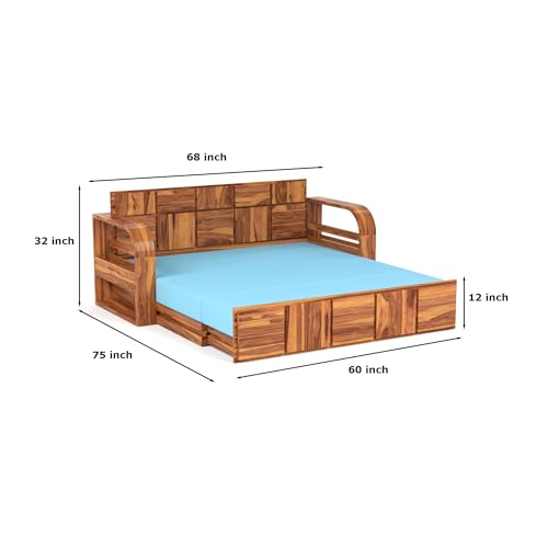 Image of Mamta Furniture Sheesham Wood Sofa Cum Bed with Storage for Living Room Bedroom | Wooden Diwan Sofa Set with Cushions and Blue Mattress Support | Honey Finish
