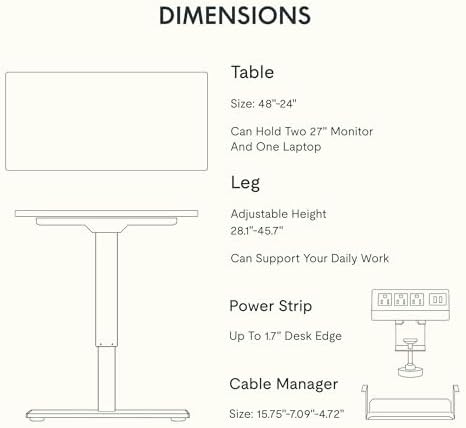 FLEXISPOT EN2 Whole-Piece Standing Desk with Clamp Power Strip, 48x24'' Electric Stand Up Height Adjustable Desk with Cable Management (Black Frame + 48" Black Table Top)