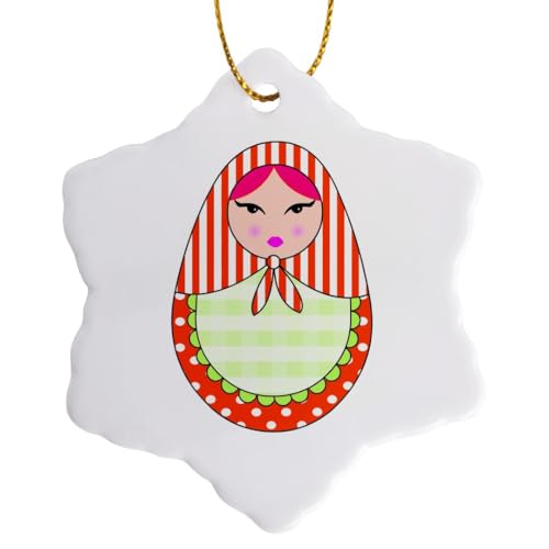 3 inch Snowflake Porcelain Ornament - Cute Russian Matryoshka Nesting Doll Pink Hair - Warm Colors White Designs Dolls