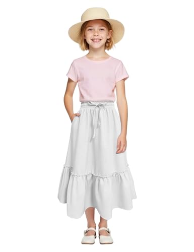 Image of Girls High Waisted Ruffle Maxi Skirt Soft Cotton Long Skirts with Elastic Waistband for Kid Girl 3-12 Years