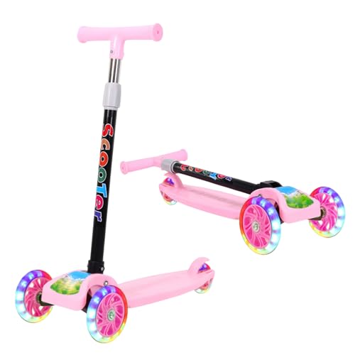 Patinete infantil extra resistente 90 kg – 3 ruedas, ajustable 58 – 73 cm, plegable para almacenamiento, ruedas LED, para niños de 2 a 8 años (rosa)