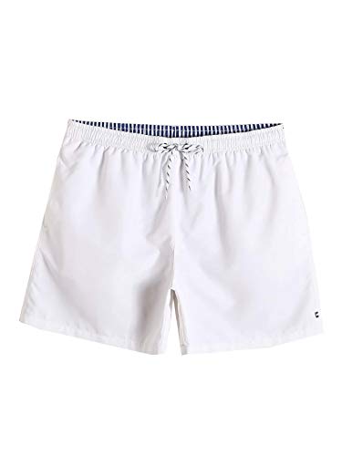 Romwe Men's Quick Dry Swim Trunks Drawstring Waist Beach Shorts With Pocket And Mesh Lining White M #TOP21