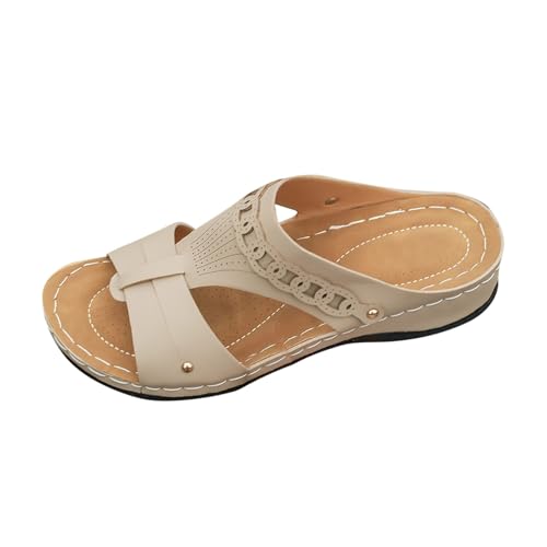 Pantuflas de punta abierta para mujer, de verano, color liso, sandalias romanas, informales, zapatos con lazo y tacón de cuña, cómodas, W 767 Beige, 37.5 EU