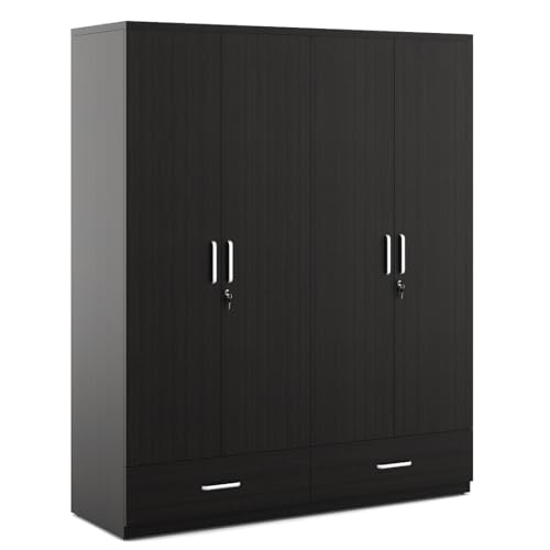 Image of Spacewood Linden Wardrobe | 3 Year Warranty | Almirah, Cupboard, Almari, 4 Door Wardrobe, 4 Drawer (2 Lock Drawer) and 2 Hanging Space & 1 Internal Locker |Engineered Wood| Natural Wenge
