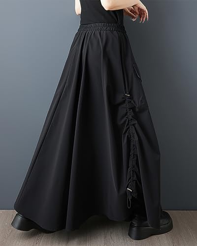 ellazhu Women's Skirt Elastic Waist Pockets Plus Size Solid Casual Fashion Maxi GZ550 A3