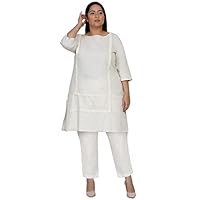 Fabnest Women Off White Boat Neck Cotton Flex Kurta with lace Work Plus Size (6XL)