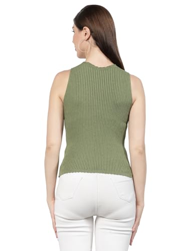 Image of Kalt Womens Knitted, Ribbed Cotton Fitted Sleeveless Round Neck Cami Tank Top
