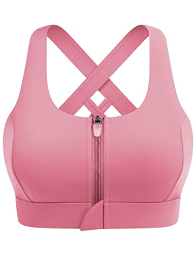 Sports Bra For Women Front Zip Yoga Tops Built In Bra Criss-Cross Back Sport Bra Tank Top With High Impact Support(Pinkl) Large #TOP19
