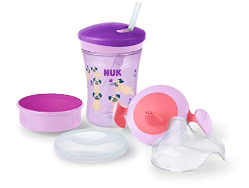 NUK 3-in-1 Trinklernset mit Trainer Cup Schnabeltasse (6+ Monate), Magic Cup 360° Trinklernbecher (8+ M) & Action Cup Trinkflasche Kinder (12+ M) | 230 ml | BPA-frei | Hund (lila)