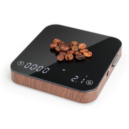 KitchenTour CaféMetric Coffee Scale with Timer 0.1g/2000g - Precision Small Scale for Espresso &amp; Pour Over - Mini Scale with LED Display Recharge Wood