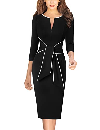 Image of VFSHOW Womens Front Zipper Tie Waist Bow 3 /4 Sleeve Slim Fitted Work Business Office Party Bodycon Pencil Sheath Dress