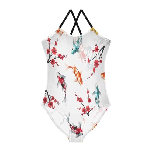 Colorful Koi Fish Red Flowers Girls Swimming Suit, Beach Swimsuit Girls 3-10 Y with Adjustable Shoulder Strap, 3-10 Y