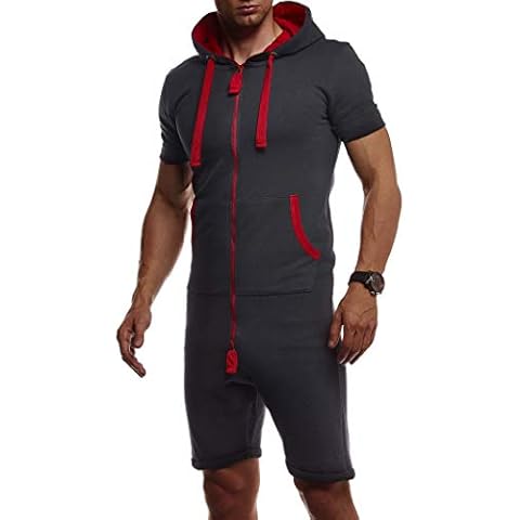 Leif Nelson Herren Kurze Jumpsuit für Sommer Kurze Hose Kurzarm Overall Onesie Männer T-Shirt Kapuze Sommerjumpsuit Schlafanzug kurzer Jogginganzug Trainingsanzug LN8313; Größe XXL; Anthrazit-Rot Cover