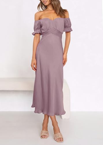 Image of KIRUNDO Women's Satin Summer Wedding Guest Cocktail Dress | 2026 Spring Fall Party Midi Dress, Silky, Elegant Off Shoulder Short Sleeve, Ruffle Mermaid Hem, Wrap Prom Formal Outfits