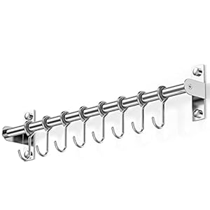 JOPOO Roestvrij stalen gebruiksvoorwerpenrek, wandgemonteerde ophangrailrek met 8 schuifhaken, voor keuken en badkamer