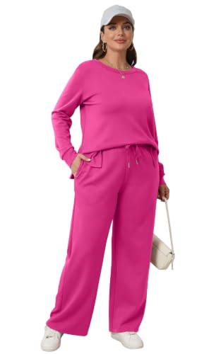 Image of WIHOLL Women's 2 Piece Lounge Sets Sweatshirt Casual Travel Outfits Fashion Wide Leg Tracksuit Cozy Sweatsuits