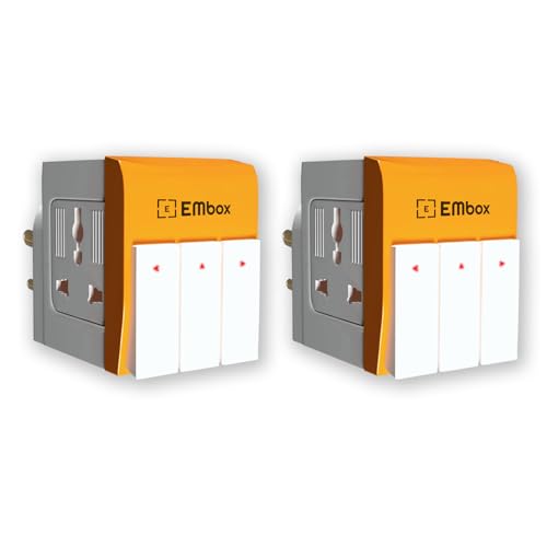 Image of EMBOX 3 Pin Multi Plug Adapter with Individual Switch 3 Pin Plug Socket Safety Shutter Spike Buster Fuse Protected Adapter 3 Way Plug Extension for Home Office Travel-5A-250V, Pack of 2 Orange