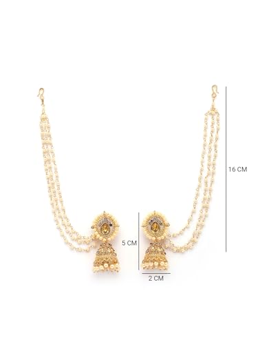 Image of Sukkhi Fashion-Forward Ethnic 18k Gold Plated with Kundan & Pearls Studded Long Earchain with Jhumka /Jhumki Earring Jewellery For Women & Girls|E107335