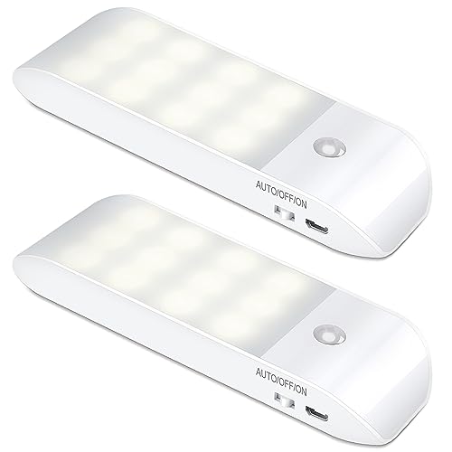 Motion Sensor Lights Indoor, 2 Pack Rechargeable LED Night Light with 3 Modes (AUTO/ON/Off), Stick-On Cupboard Light with Magnetic Strips for Wardrobe, Bedroom, Stair, Cabinet, Kitchen, Hallway