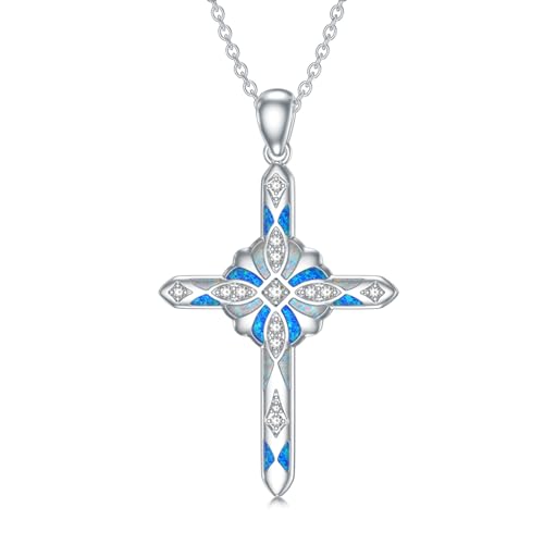 Lab Grown Diamond Cross Necklace, 925 Sterling Silver Moissanite/Opal Cross Pendant Necklace Gift for Women, Fine Jewelry for Valentine's Day, Birthday Anniversary Christmas，with 18+2inches Chain