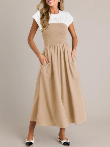 Image of Wenrine Womens Casual Summer Midi Dress Smocked Cap Sleeve Crew Neck Color Block A Line Flowy Beach Dresses