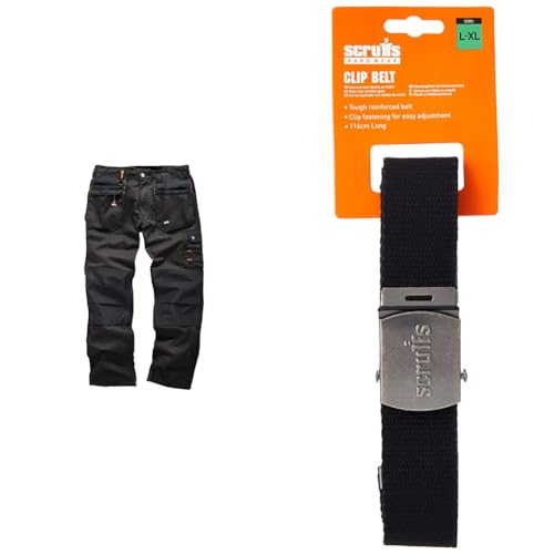 Scruffs Worker Plus Trouser Black 36S (T51790) & T50304 Cotton Adjustable Clip Belt Black One Size