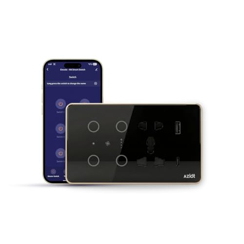 Image of AZIOT Smart Premium Toughened Glass Touch Switch Panel | Elevate 4 Module (2 Switch + Fan + Socket) | WiFi + BLE | No Hub Required | Compatible with Alexa, Google Assistant & Siri | Black