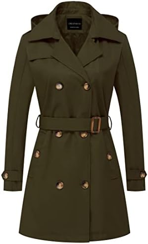 CREATMO US Women's Trench Coat Double-Breasted Classic Lapel Overcoat Belted Slim Outerwear Coat with Detachable Hood